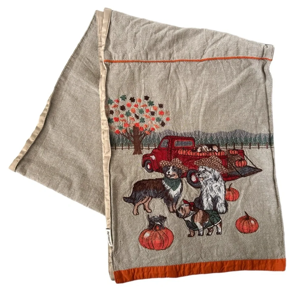 Pier 1 Imports Embroidered Harvest Dogs Pups Autumn Table Runner Pumpkin Linen